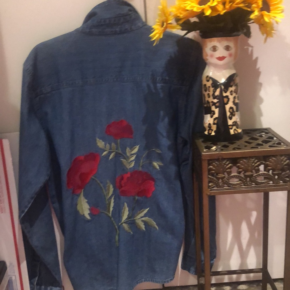 Coldwater Creek shirt with embroidered red roses.  M.